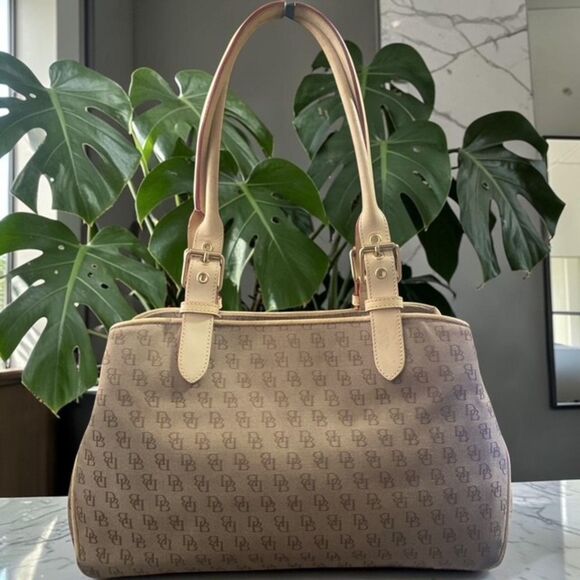 Dooney & Bourke Handbags - Vintage Dooney & Bourke Signature Monogram Satchel Bag - Tan Y2K Retro Chic EUC